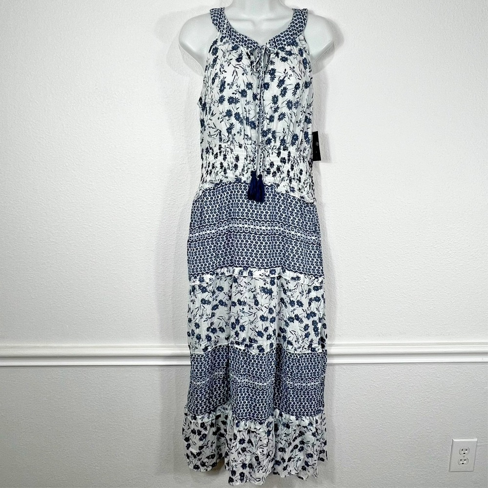 Mlle Gabrielle Tiered Maxi Dress Women XL Blue White Floral Smocked Boho Tassel
